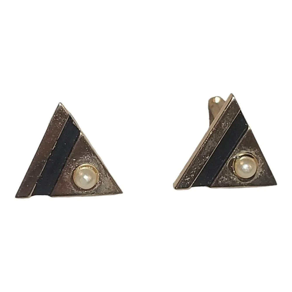 Vintage Gold Tone Faux Pearls‎ Black Enamel Men's Triangle Cufflinks Unsigned